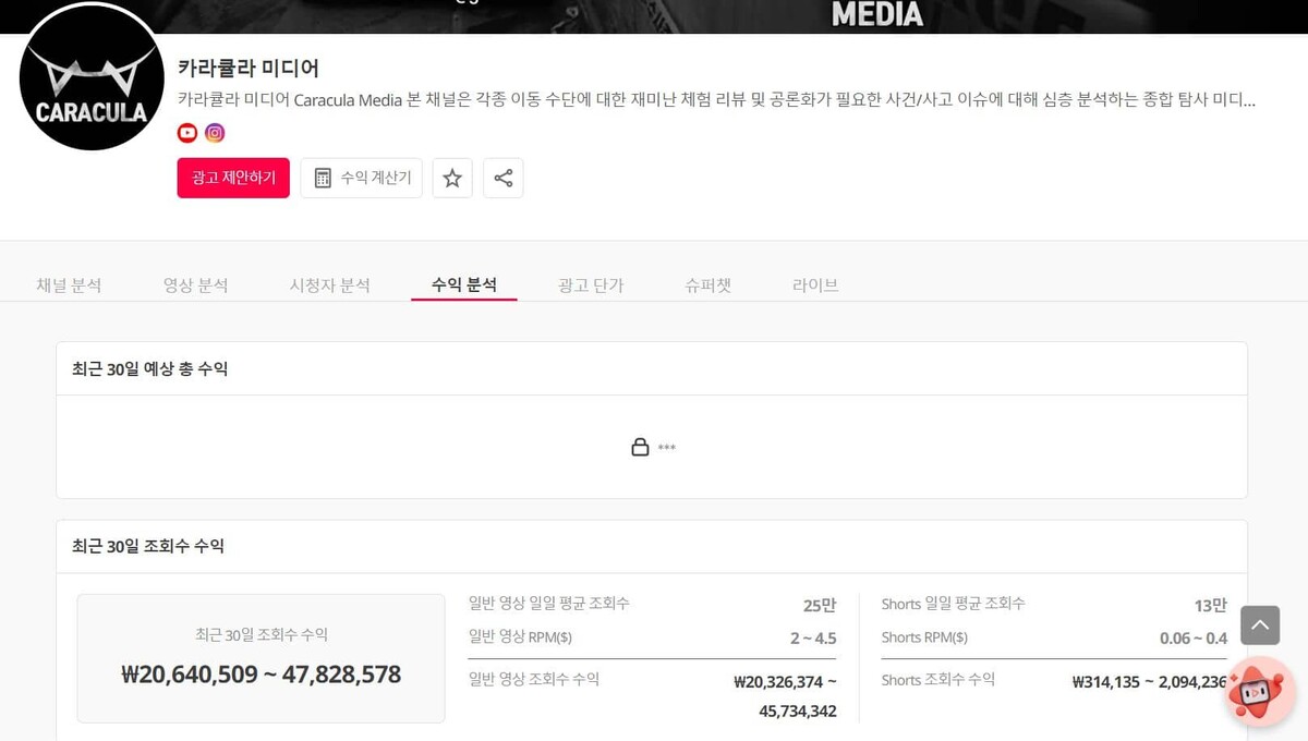 유튜브 수익 분석 사이트 'Vling'에서 검색한 카라큘라 추정 수익
