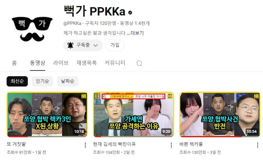 유튜브 채널 '뻑가 PPKKa'에서 가세연, 전국진, 구제역, 카라큘라 등을 다루는 영상